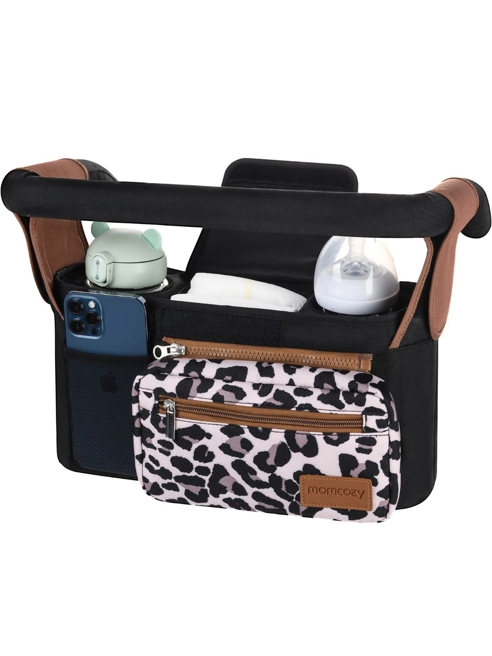 Momcozy Universal Stroller Organizer with Insulated Cup Holders Lepoard Print